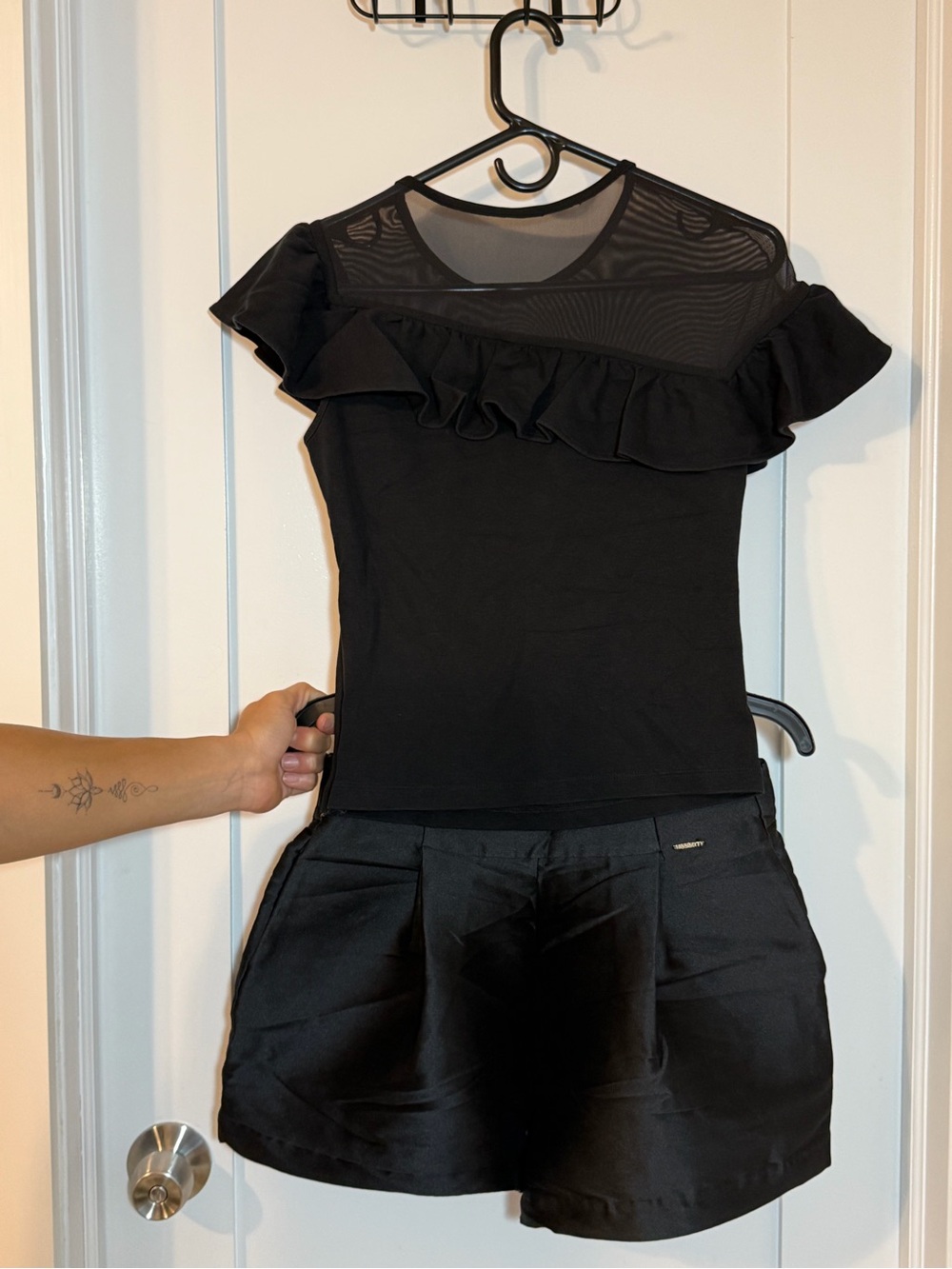 Women's Black Ruffle Mesh Top and Satin Shorts set
